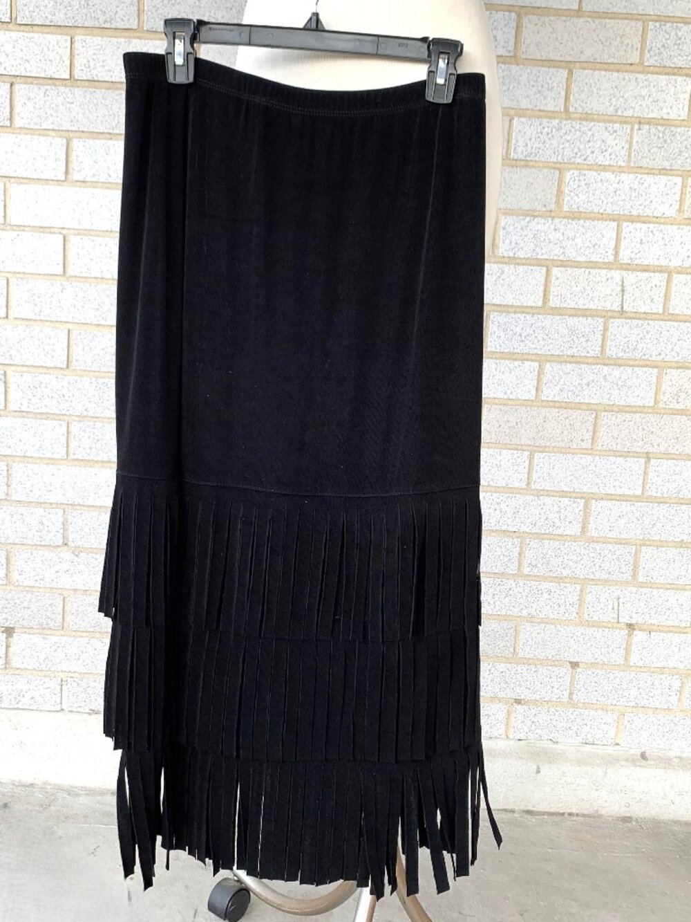 TRAVELERS BY CHICO'S BLACK MAXI SKIRT WITH FRINGE – SIZE 1 – MADE IN USA